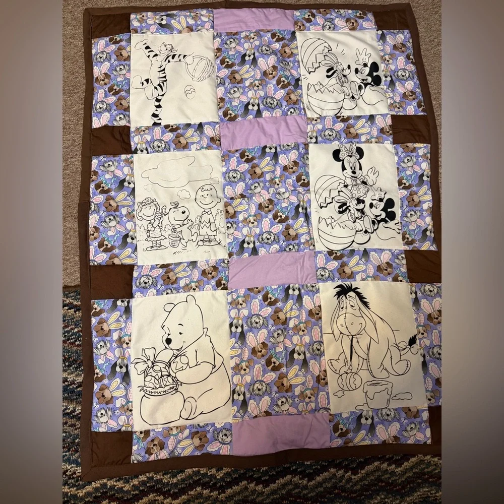 Handmade Disney Character Patchwork Coloring Quilt - Purple, Brown, Cream